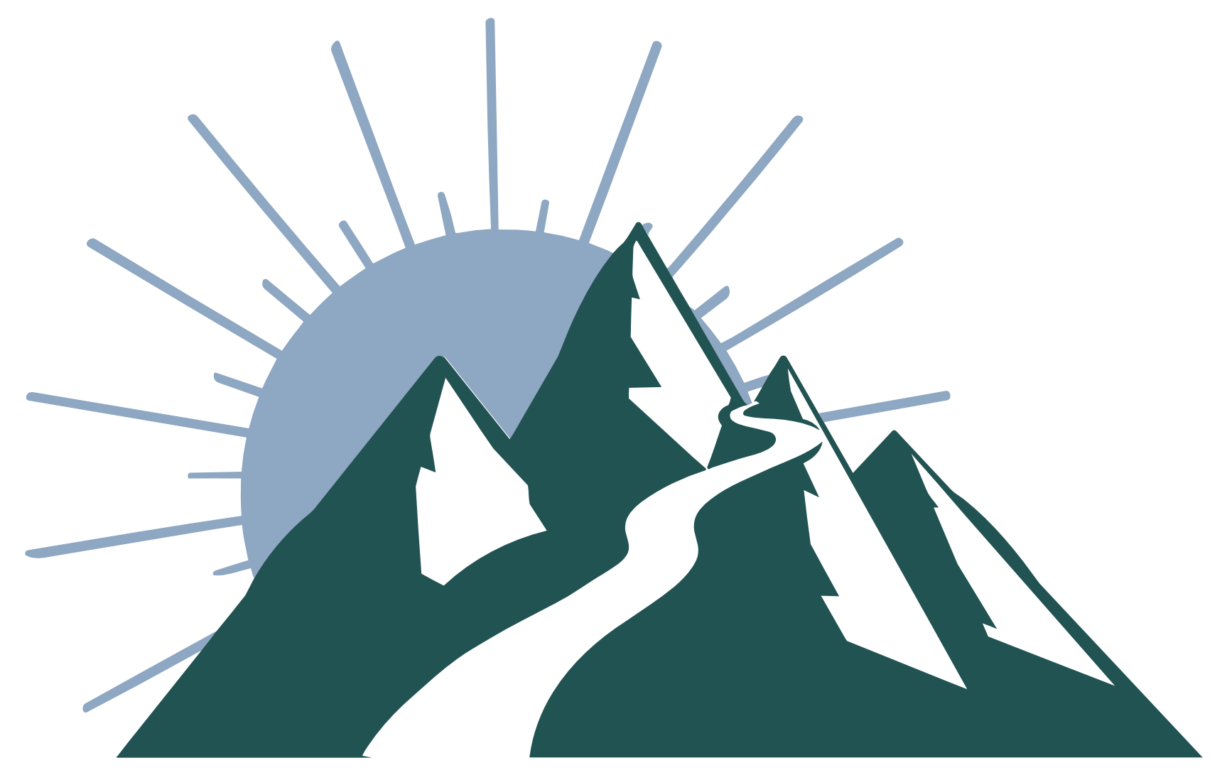 Logo is a green mountain with a river flowing down it and the sun coming up behind the mountain.